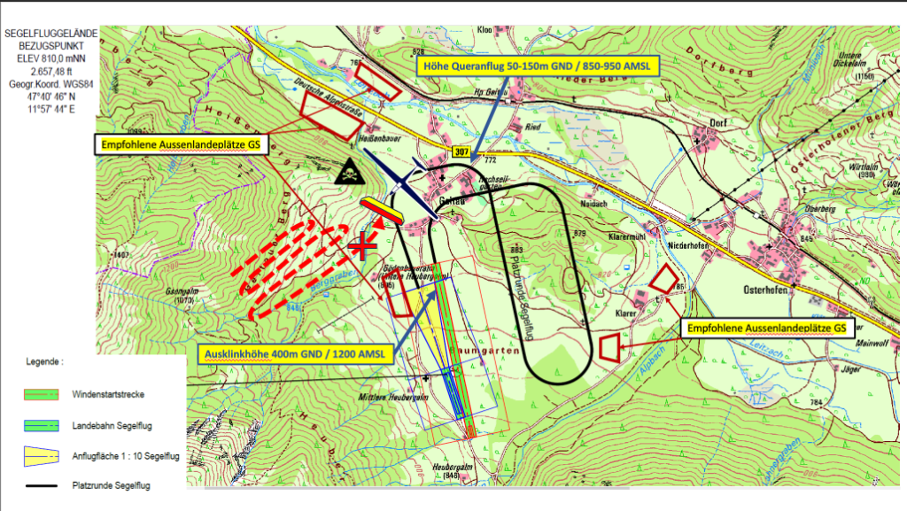 Topographische Karte Segelflugplatz Geitau mit Platzrunde und empfohlenen Außenlandeplätzen